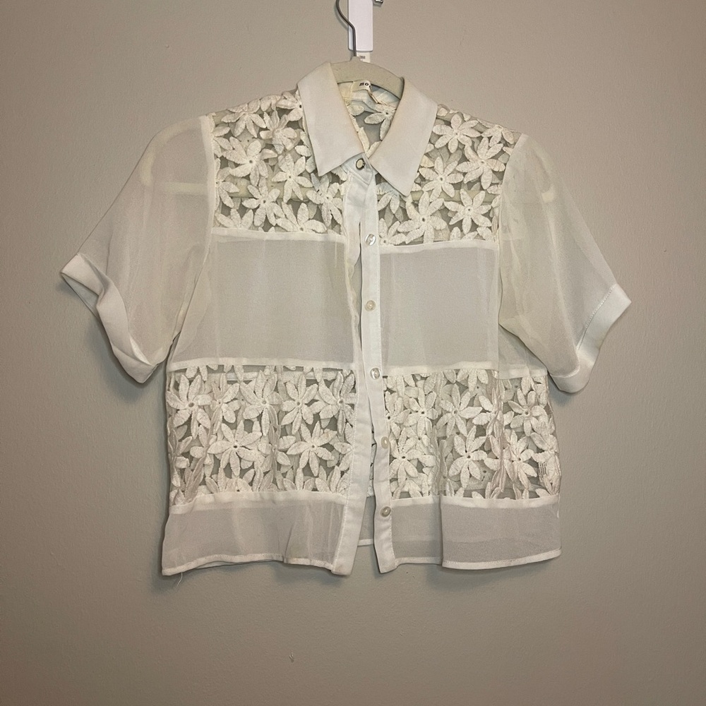 Women's Sheer Floral Lace Top - White
